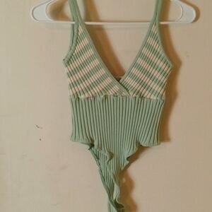 Wayne Rogers vintage silk bodysuit green with cream color stripes size SM NWOT.